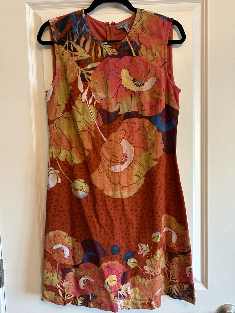 Conditions Apply Sleeveless Floral Shift Dress in Rust Multi Linen Cotton Small